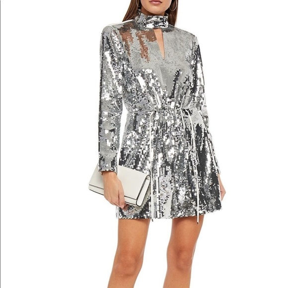 TIBI- Sliver Sequin Drawstring High Neck Contrasting Longsleeve Mini Dress - Picture 1 of 9